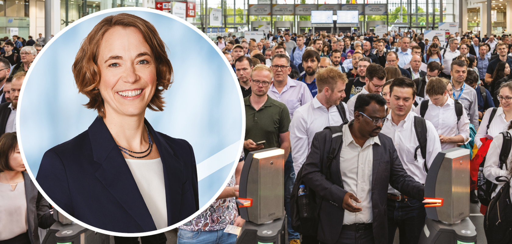 Anke Odouli, Exhibition Director of Laser World of Photonics, inset against a crowd at the Laser World of Photonics event