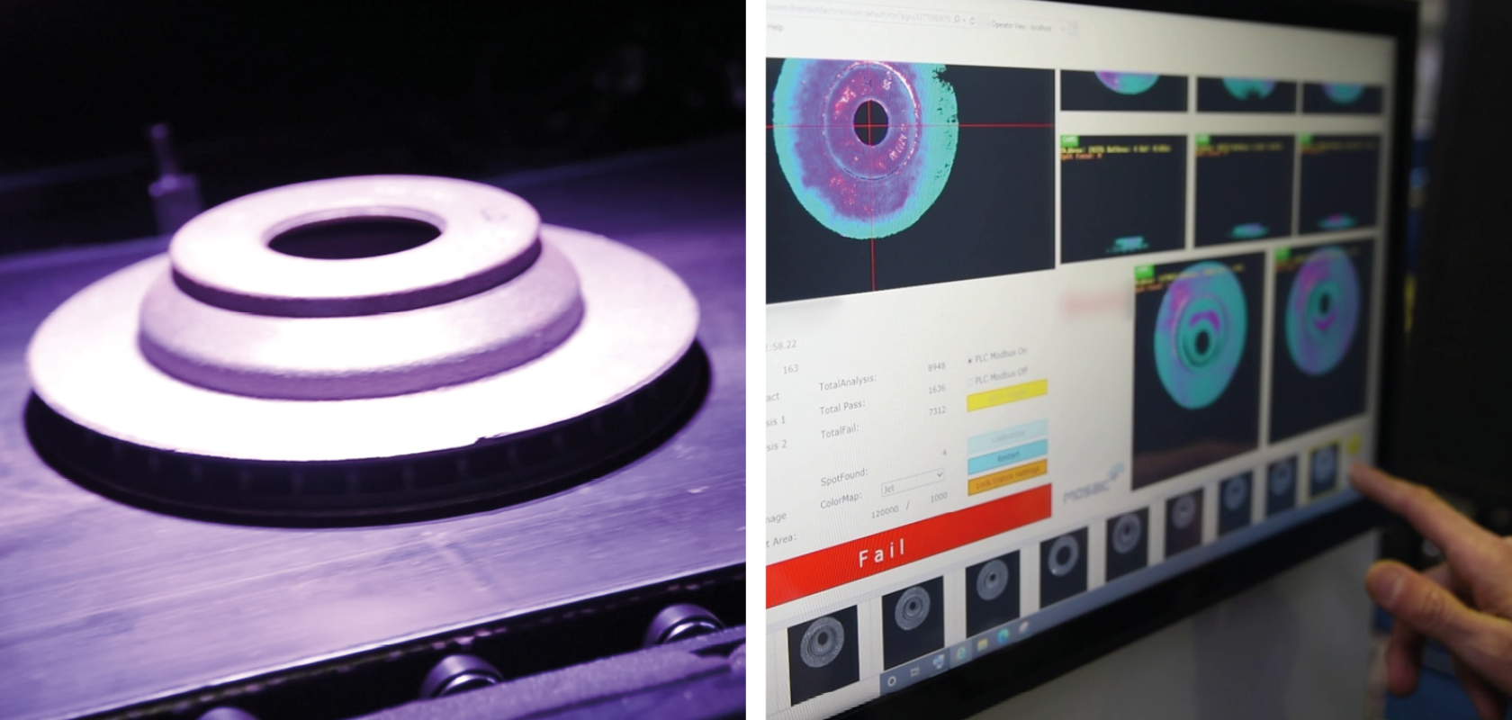 Left: An image of a brake disk under polarised light. Right: a hand ponting at a software screen