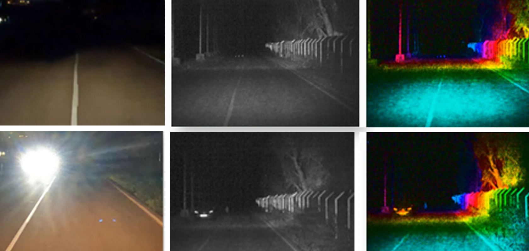 Images captured by (L-R) visible camera, SEDAR 2D and SEDAR 3D illustrate the detection capabilities of the system in different lighting and driving conditions. The SEDAR system detects a wooden pallet (top) and a person crossing behind an oncoming car (bottom) at 150m
