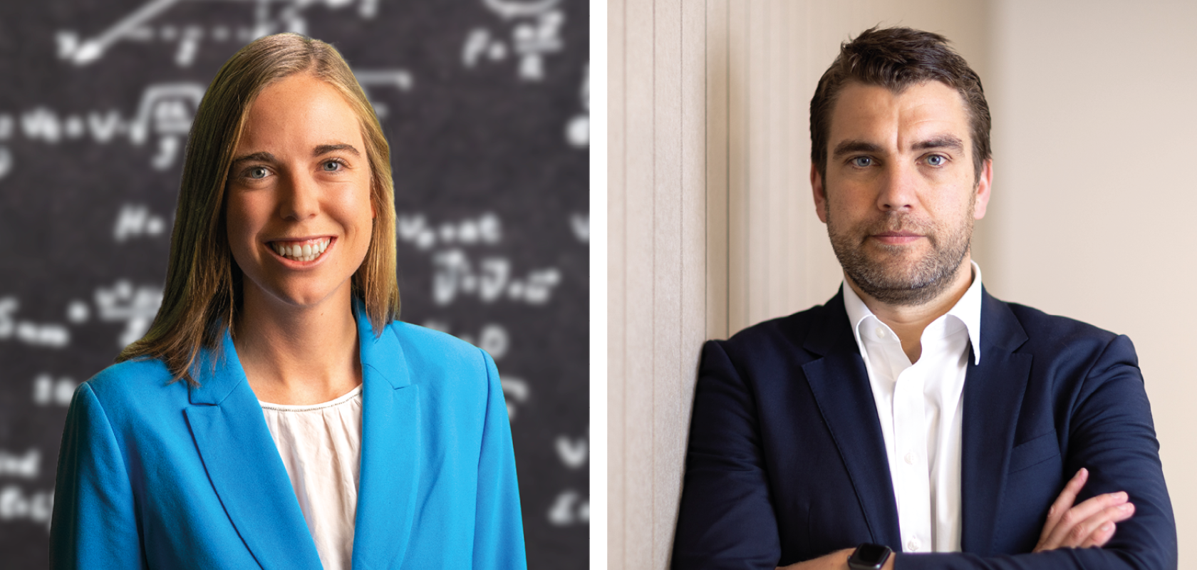 A woman with blonde hair weairng a blue suit stands in front of a blackboard of equations on the left, and right, a dark-haired man wearing a suit stands, arms folded, in front of a beige background
