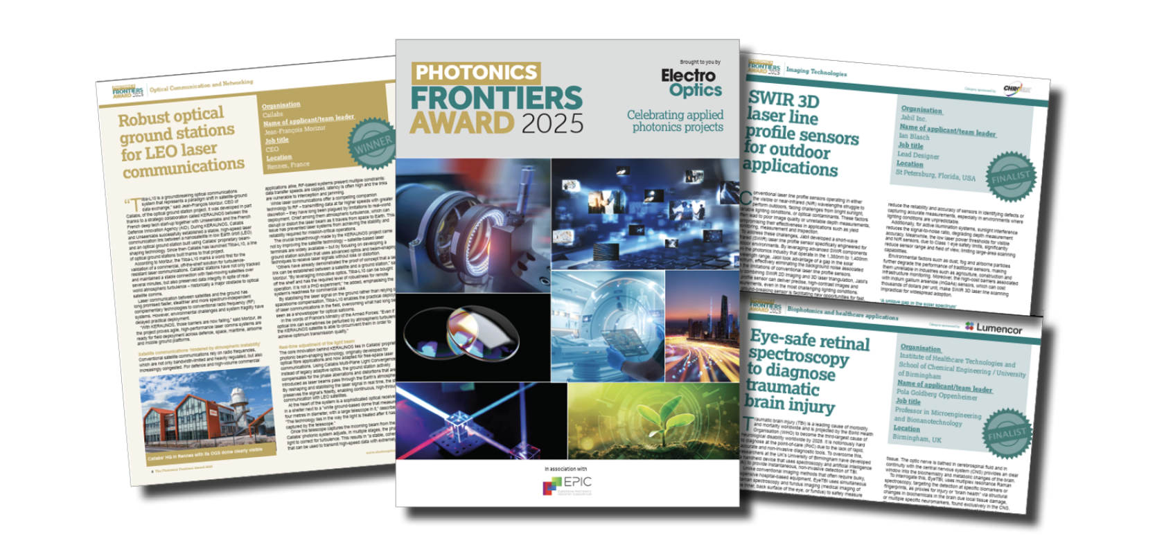 A magazine cover that reads Photonics Frontiers Award 2025 and some smaples of internal pages