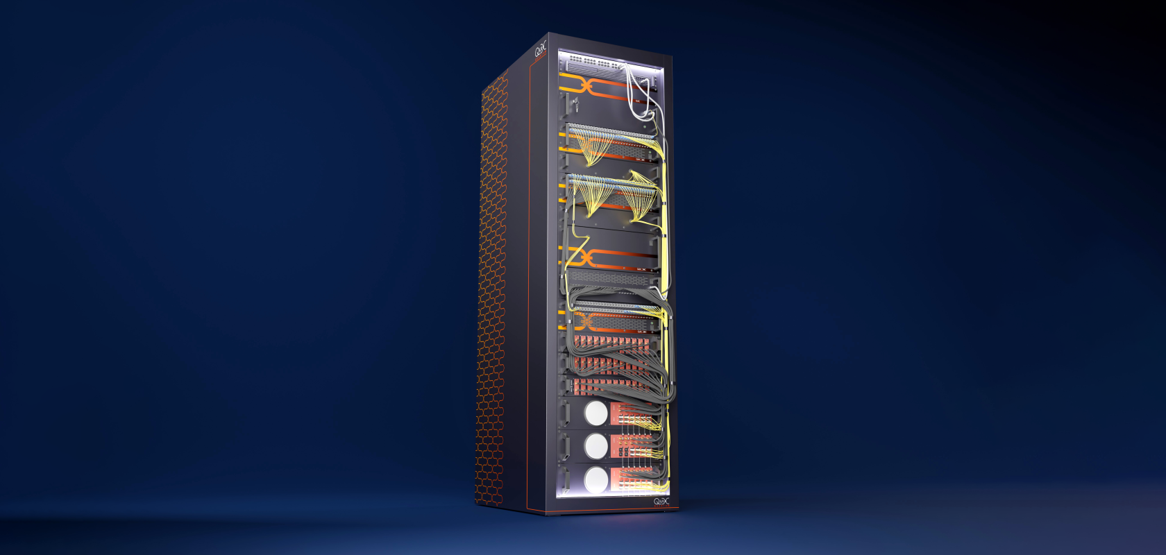 A rendering of a quantum computing stack against a blue background