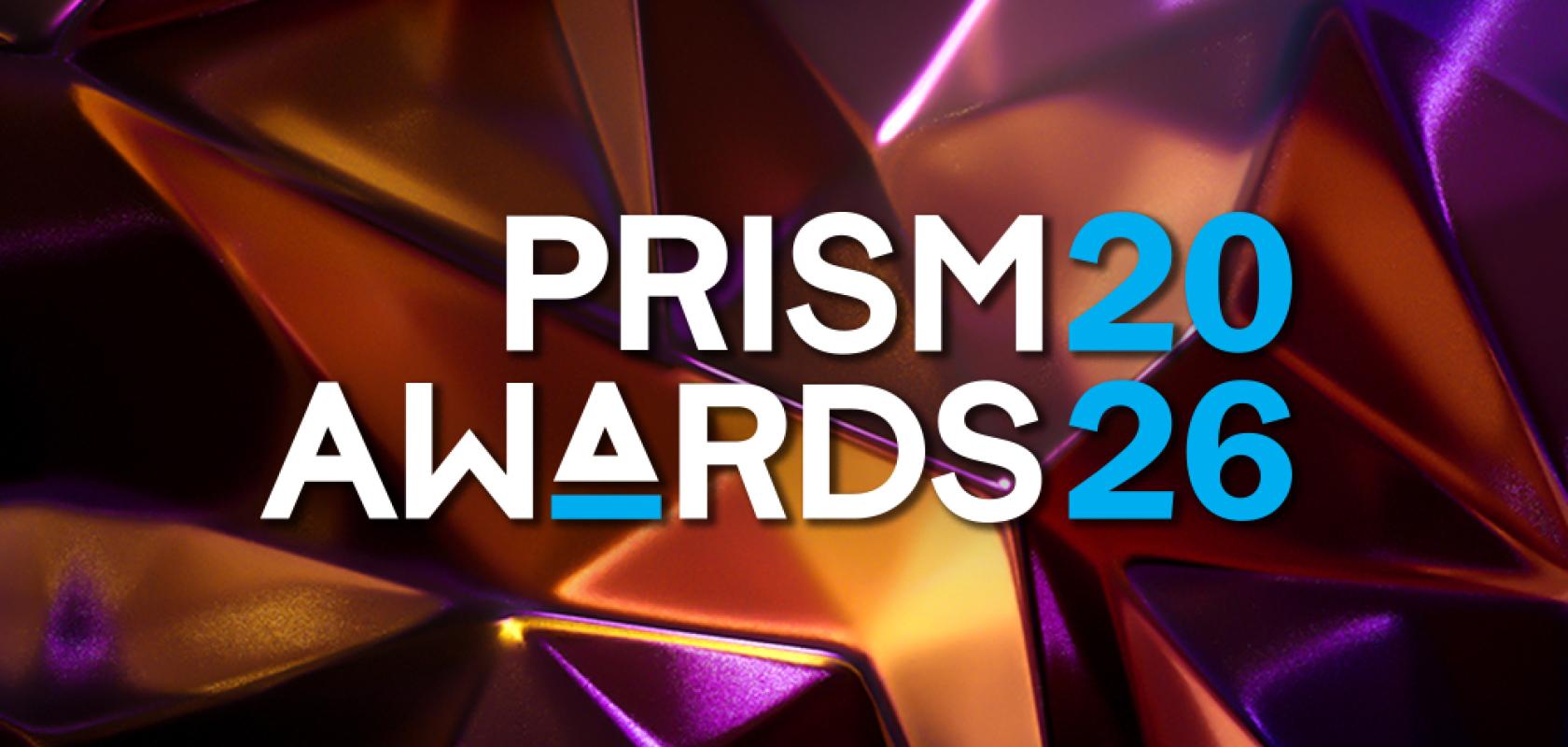 A text logo on a multi-coloured prismatic background. The text reads: Prism Awards 2026