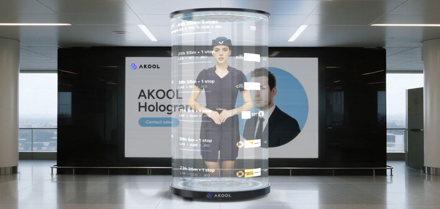 AKOOL Holographic Avatar Display Series in an airport setting