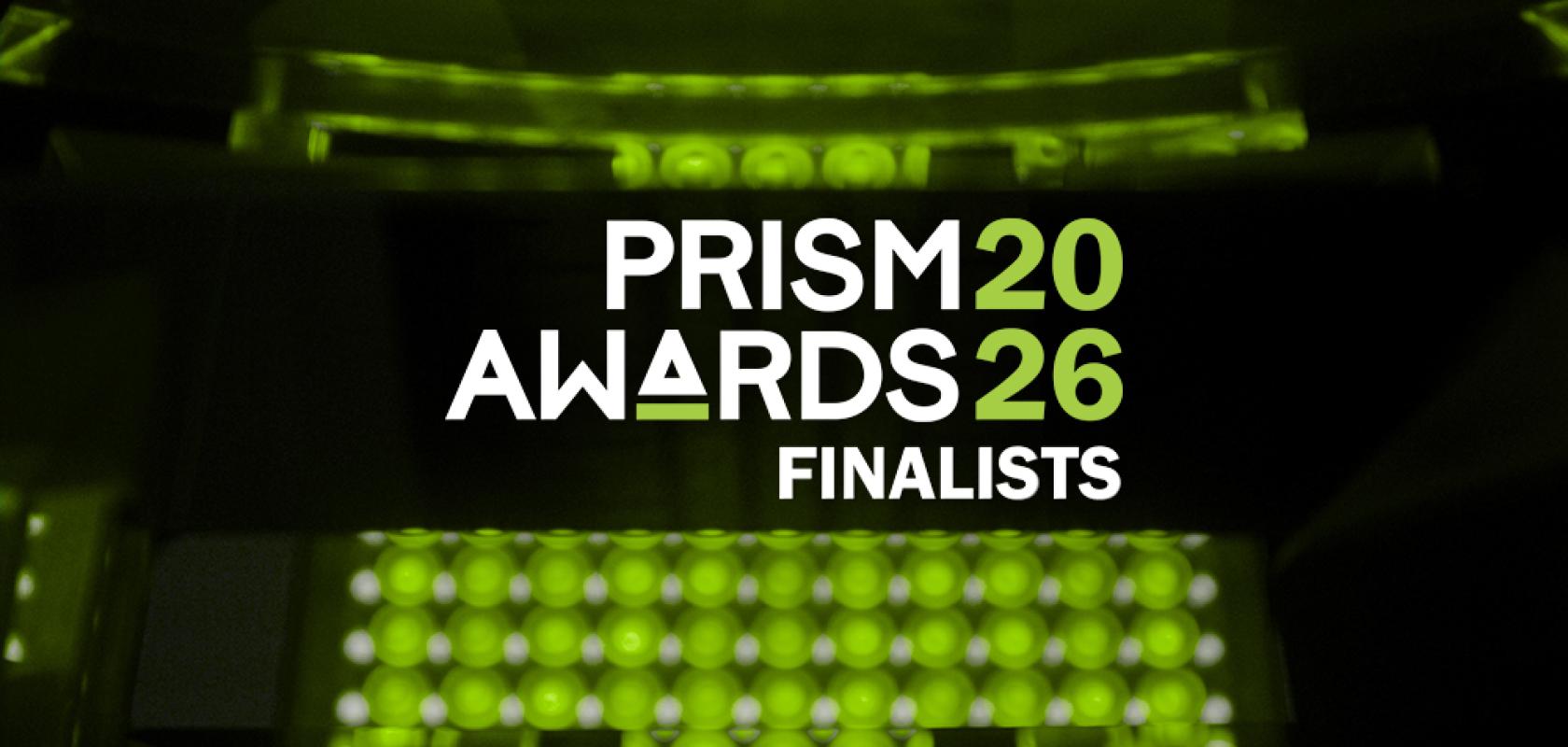 An array of green LEDs in the background. Overlaid text reads Prism Award 2026 Finalists
