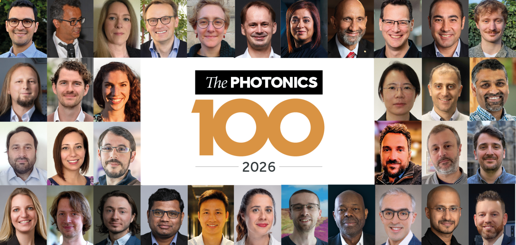 Montage of faces from the Photonicd 100 2026, surrounding the Photonics100 2026 logo in black and orange