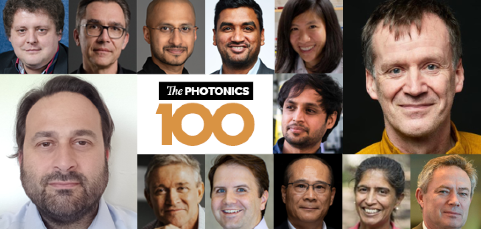 A montage of faces from The  Photonics100 next to The Photonics100 logo