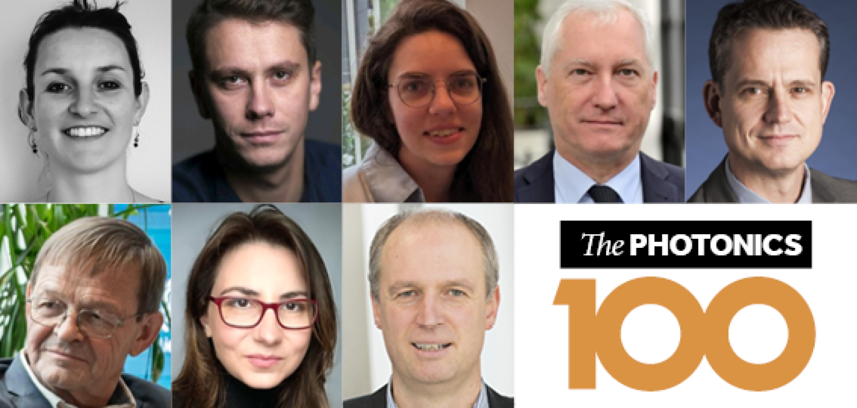 A montage of faces from The Photonics100 next to the Photonics100 logo