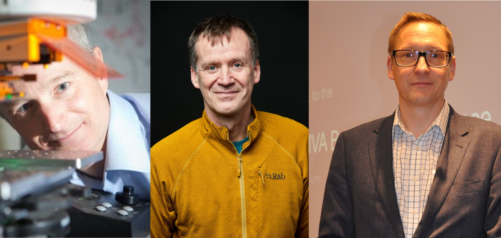 Three side-by-side portraits of male photonics professionals: on the left, a man peers closely at optical laboratory equipment illuminated by a green laser; in the centre, a man in a mustard-yellow jacket poses against a dark background; on the right, a man wearing glasses and a suit stands in front of a presentation screen at a conference setting.