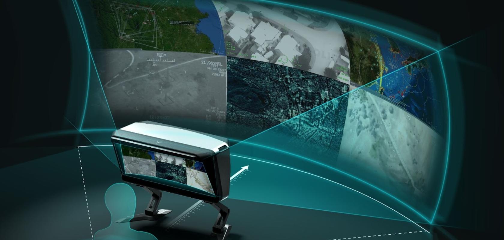 An artist's impression of a user looking at an AR/VR screen without helmet