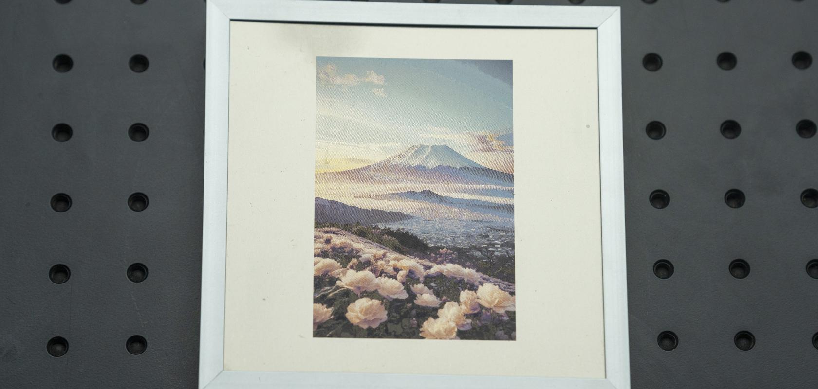 A colour image of Mount Fuji created using laser marking on metal