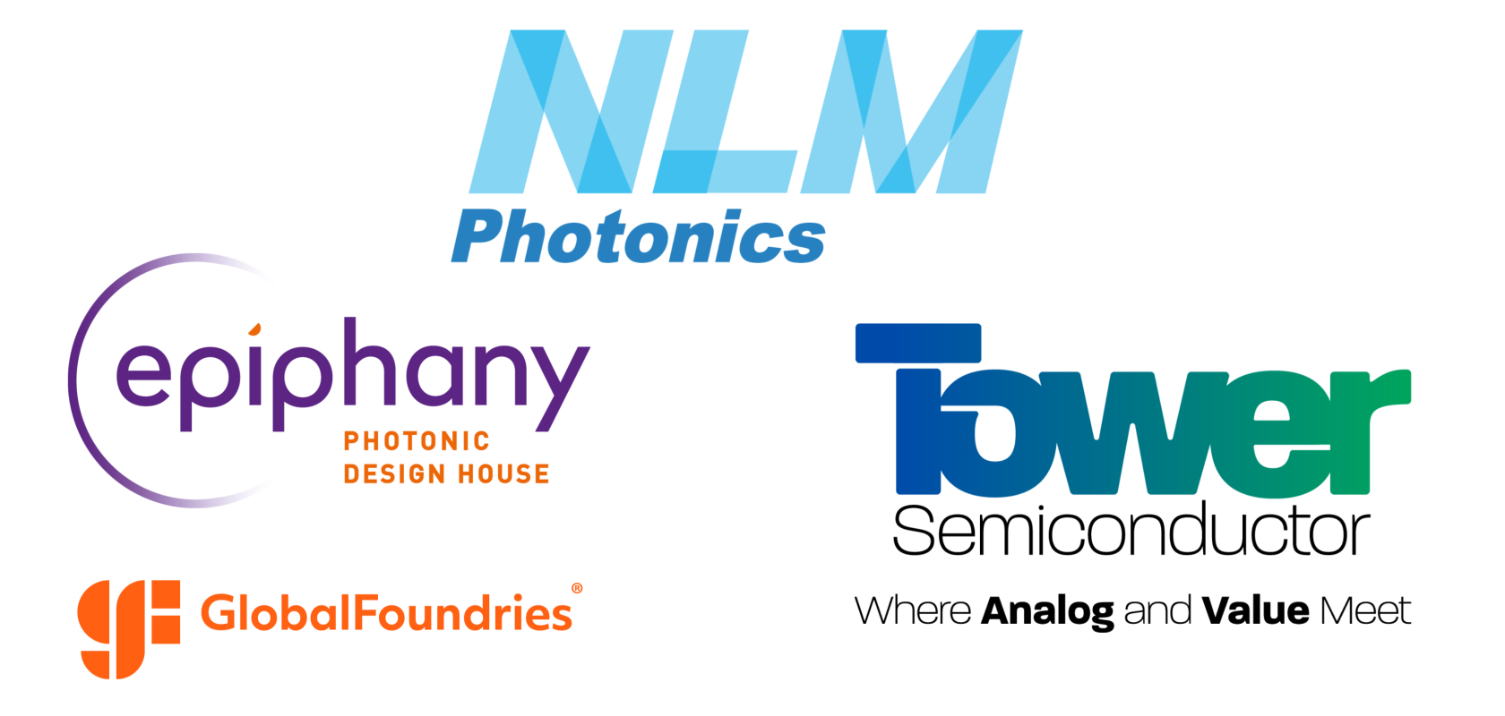 NLM Photonics, Epiphany Design, GlobalFoundries and Tower Semiconductor logos