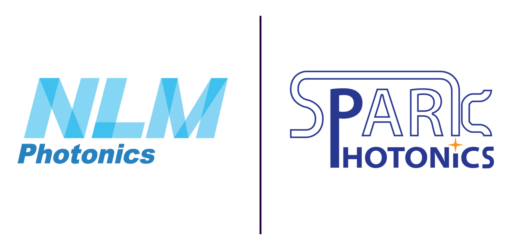 NLM Photonics logo and Spark Photonics logo on white background