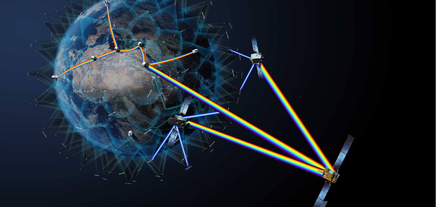 Graphic representing multi-orbit satellite networks operating data transfer in Earth orbit