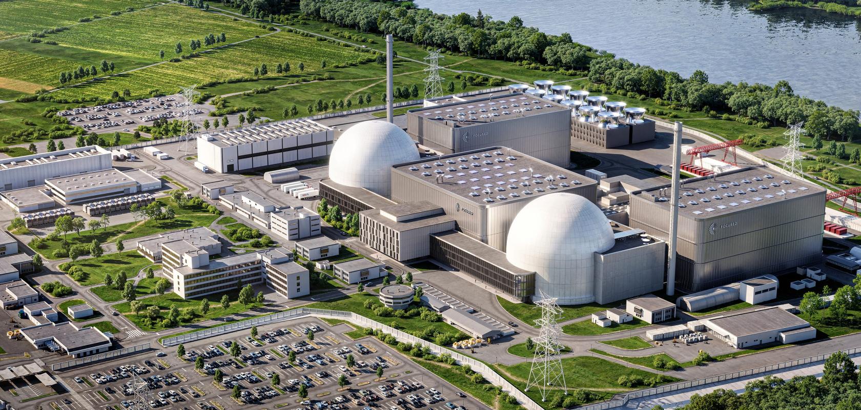 Rendering of Focused Energy laser fusion power plant in Biblis, Germany