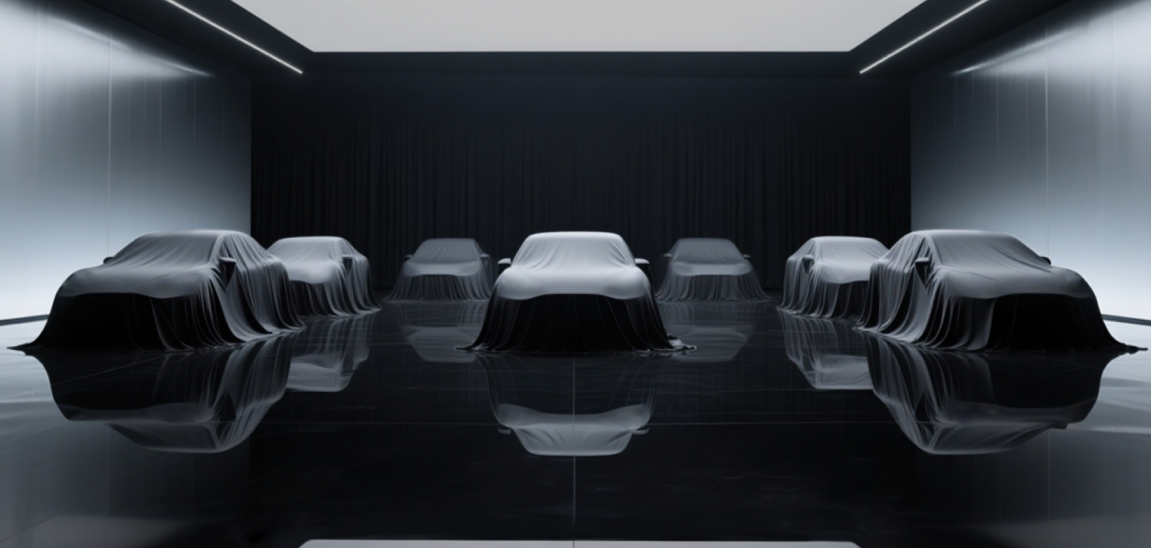 Stationary cars covered in dark sheets