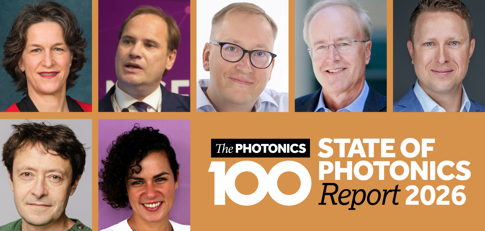 A montage of men and women's faces over the logo for the Photonics100 State of Photonics Report 2026