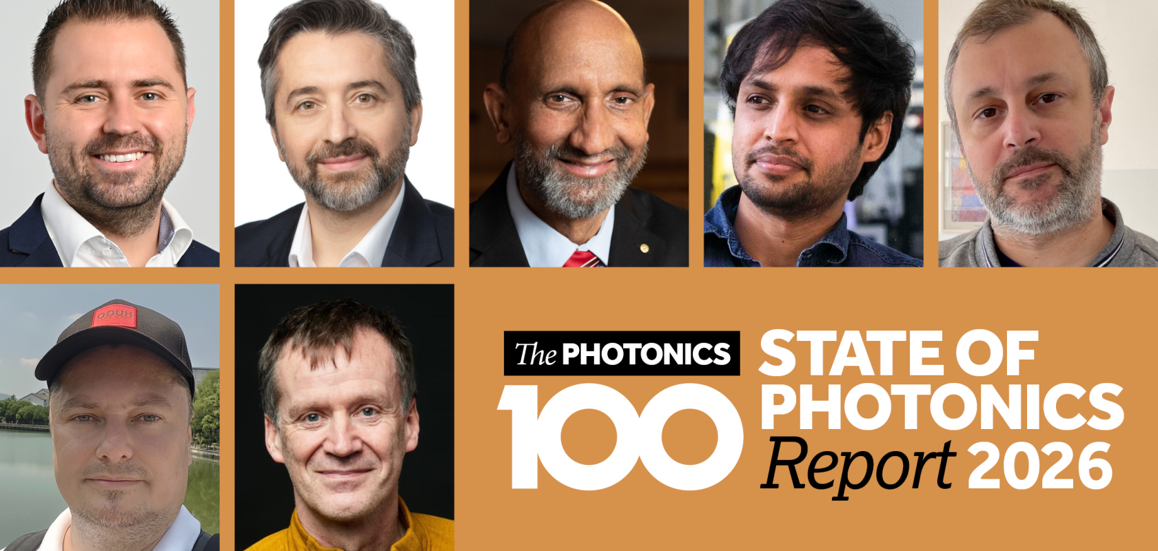 A montage of men's faces over the logo of The Photonics100 State of Photonics Report