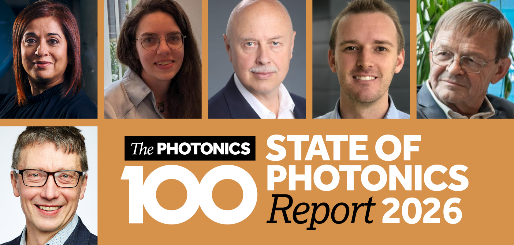 A montage of en and women's faces above the logo for The Photonics 100 State of Photonics Report 2026