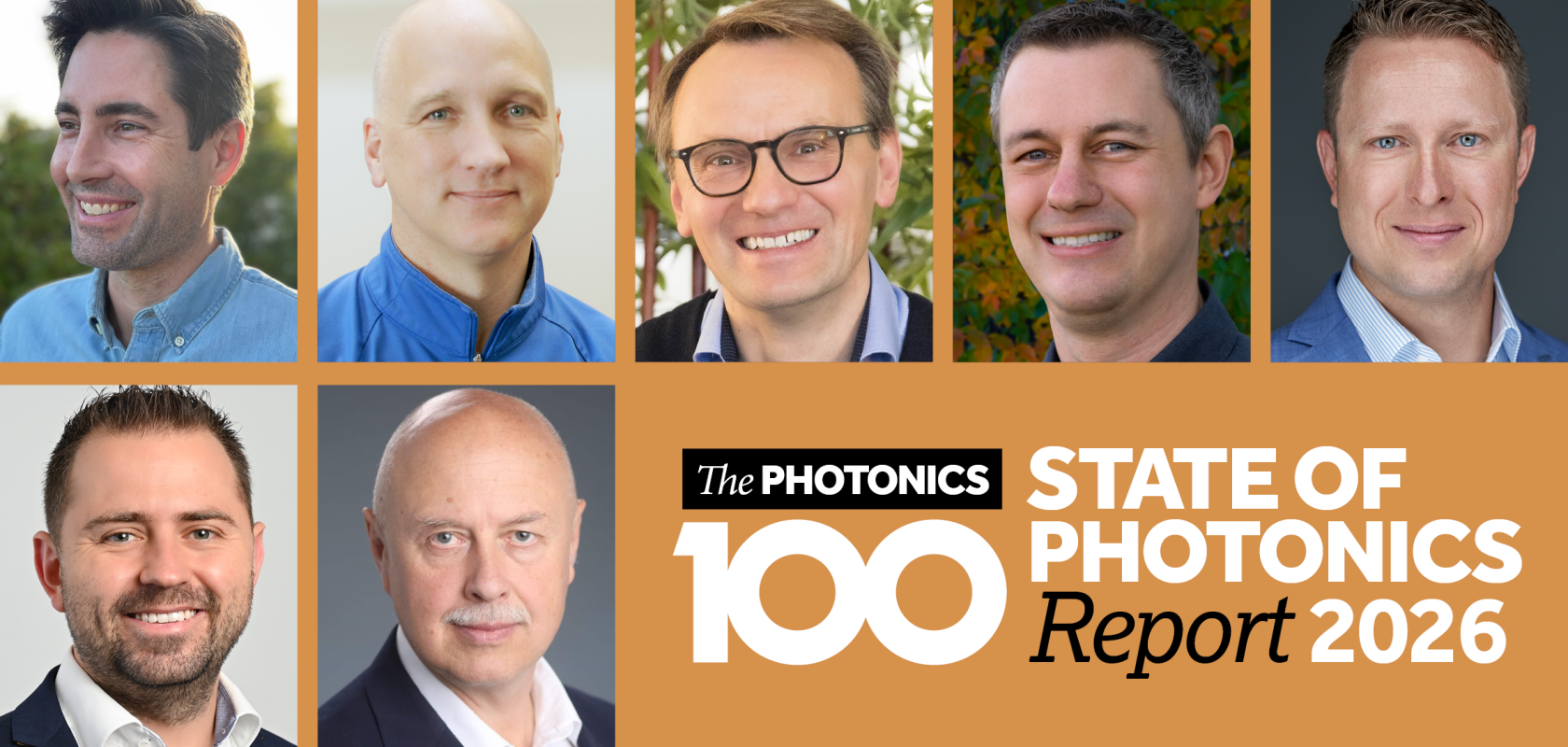 A montage of men's faces above the logo for The Photonics100 and the State of Photonics Report 2026