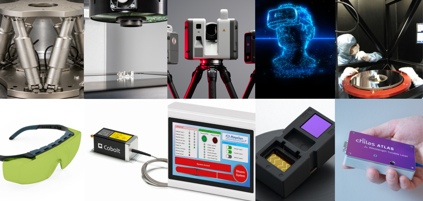 products from Physik Instrumente, OGP, Leica Geosystems, Trioptics, Optical Surfaces, Chilas, STMicroelectronics, Lasermet,  Hübner Photonics and NoIR