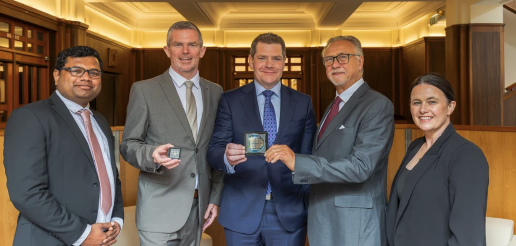 (left-right:) Pilot Photonics Product Strategist Amol Delmade, Pilot Photonics CTO Frank Smyth, Minister for Enterprise, Tourism and Employment Peter Burke, Pilot Photonics CEO William Oppermann and Pilot Photonics CFO Nicola Smyth