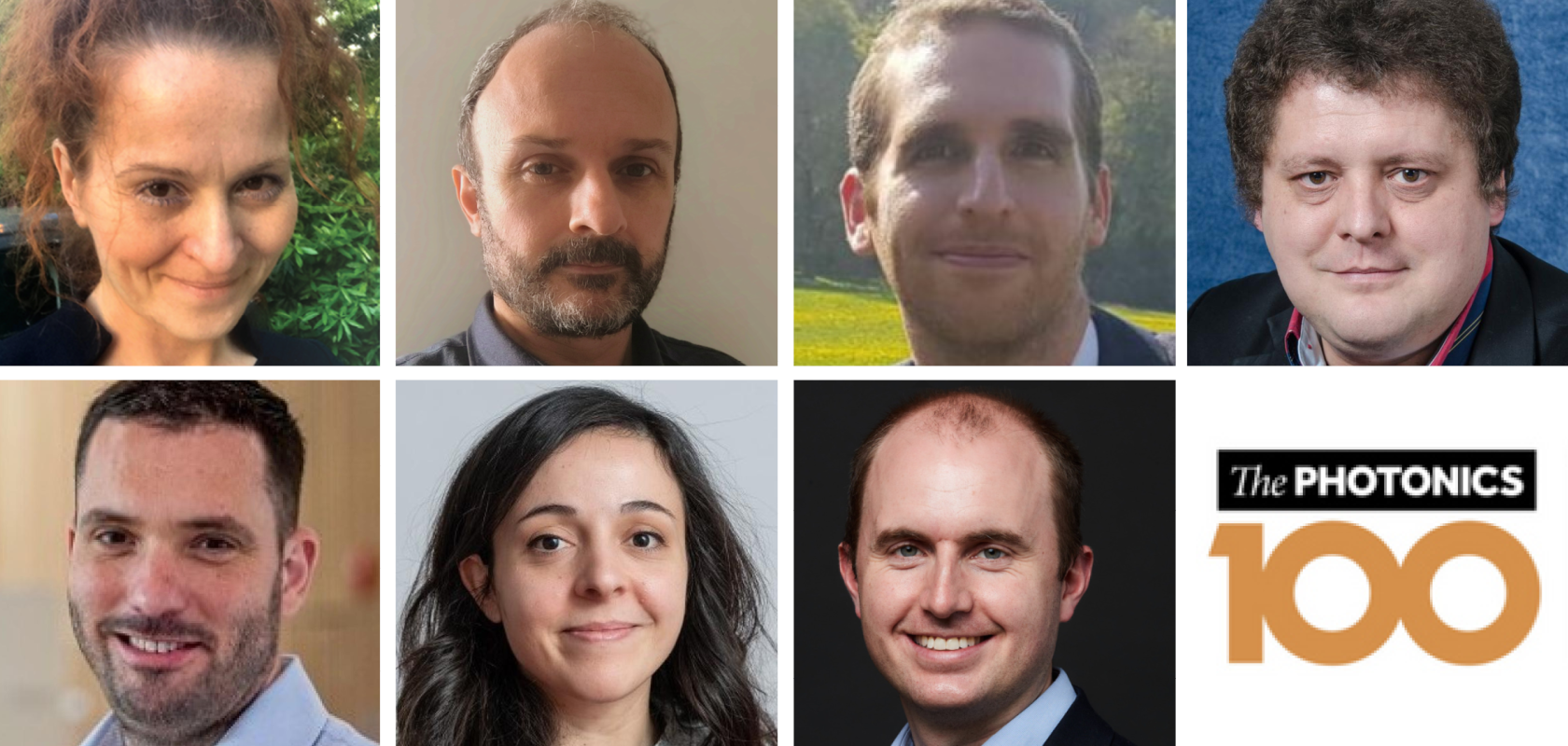 A montage of UK photonics academics and the Photonics100 logo