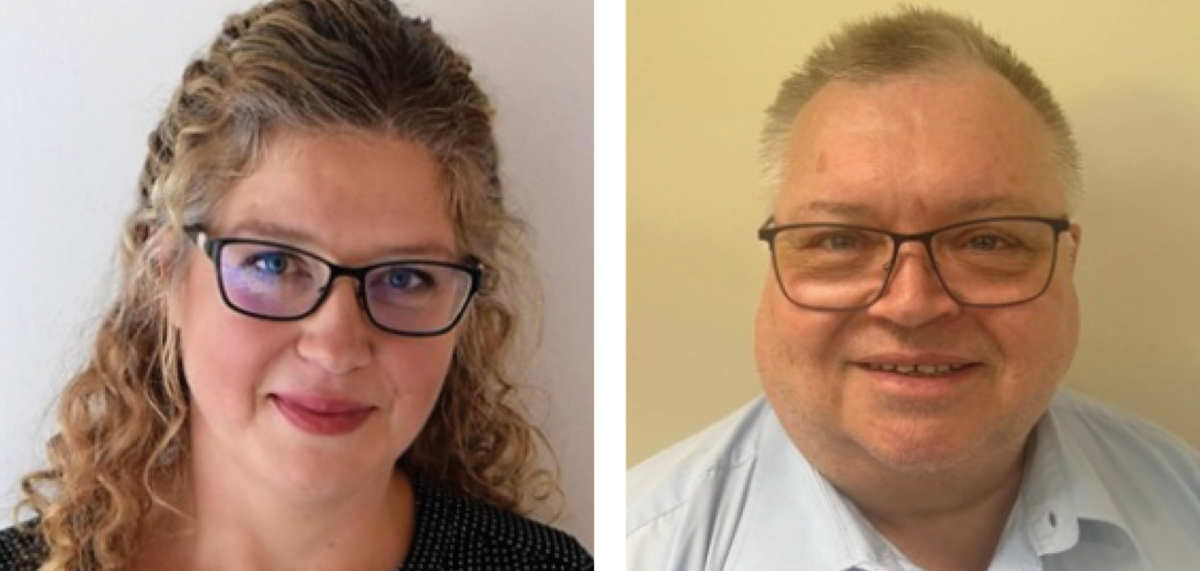 Two headshots - a white woman with glasses on the left and a white man with glasses on the right