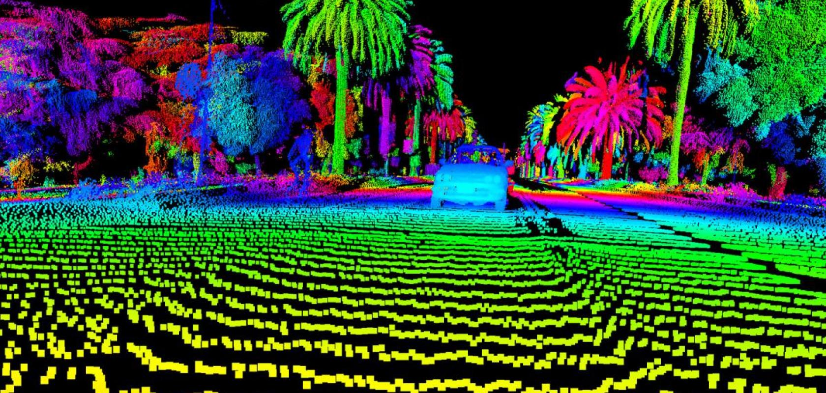 a multicoloured line image of a car taken by a Luminar lidar sensor