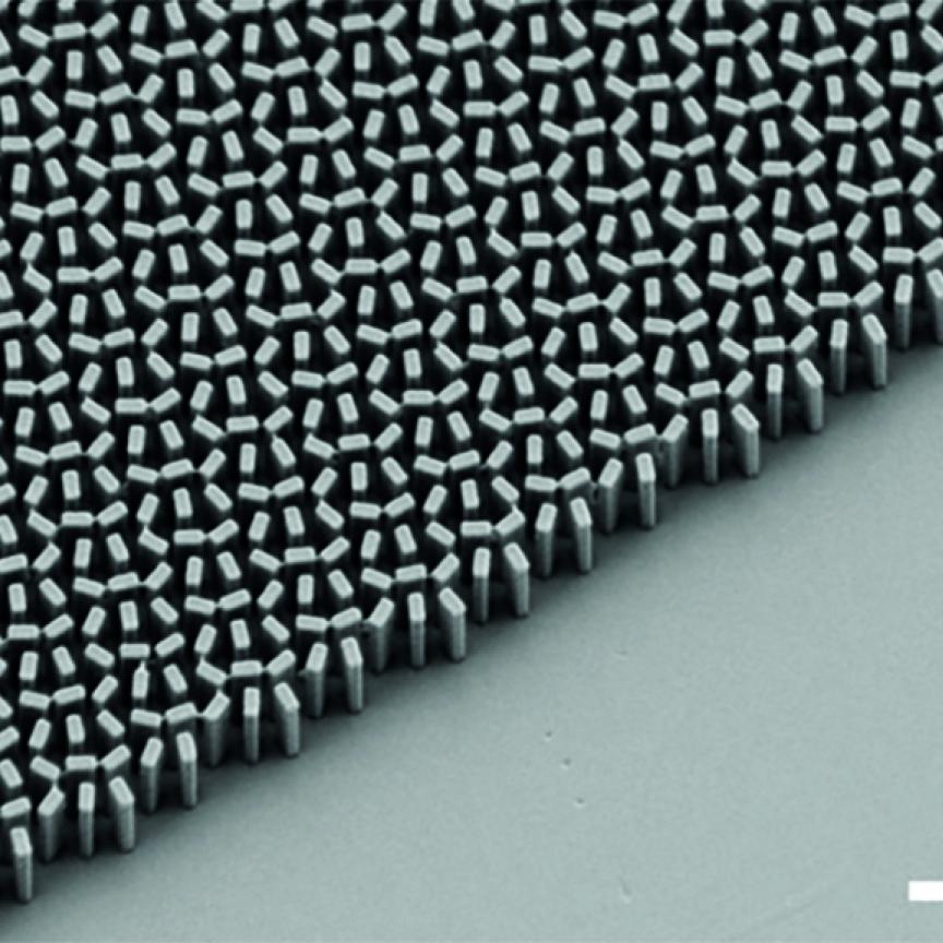 Electron microscope micrograph of a metalens 