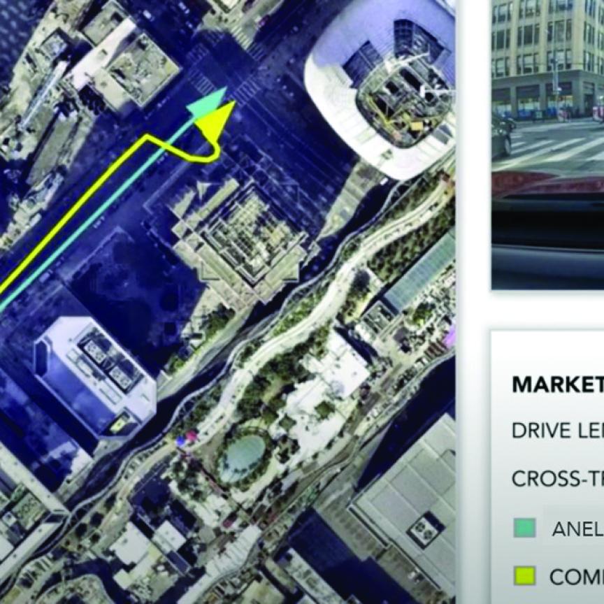 A satellite map showing the performance of ANELLO GNSS INS vs competitor on Market Street, San Francisco 