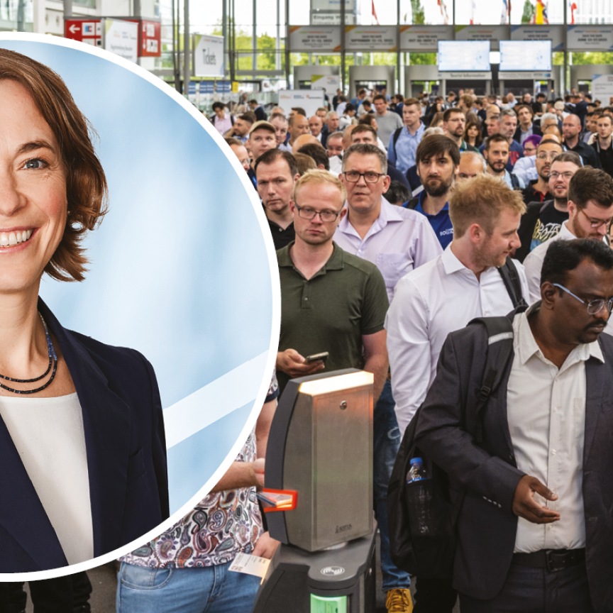 Anke Odouli, Exhibition Director of Laser World of Photonics, inset against a crowd at the Laser World of Photonics event