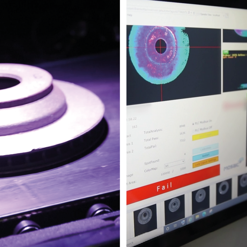 Left: An image of a brake disk under polarised light. Right: a hand ponting at a software screen