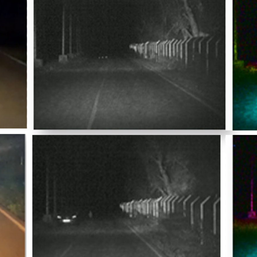 Images captured by (L-R) visible camera, SEDAR 2D and SEDAR 3D illustrate the detection capabilities of the system in different lighting and driving conditions. The SEDAR system detects a wooden pallet (top) and a person crossing behind an oncoming car (bottom) at 150m