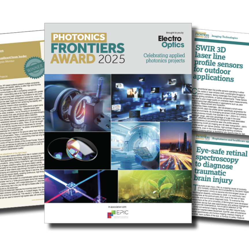A magazine cover that reads Photonics Frontiers Award 2025 and some smaples of internal pages