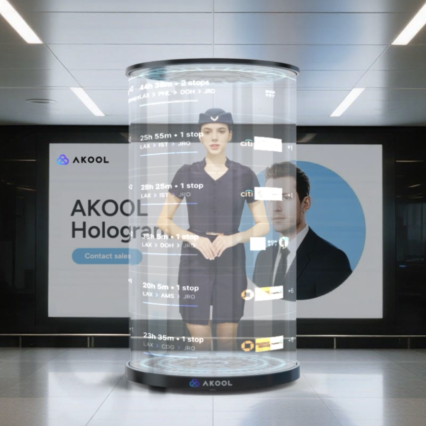 AKOOL Holographic Avatar Display Series in an airport setting