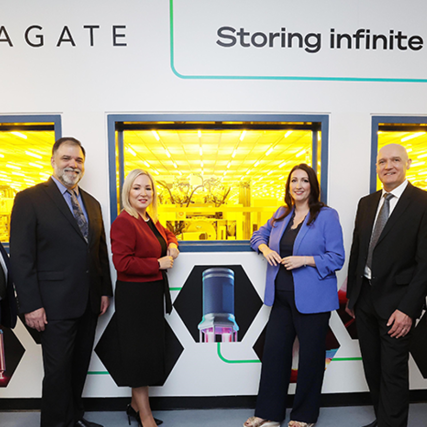 Kieran Donoghue, CEO, Invest NI; John Morris, CTO, Seagate; Michelle O’Neill, NI First Minister; Emma Little-Pengelly, NI Deputy First Minister; Fergus O’Donnell, VP of Wafer Operations NI, Seagate and NI Economy Minister, Dr. Caoimhe Archibald