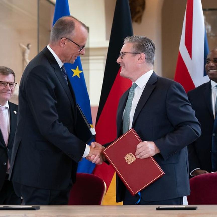 German Chancellor Friedrich Merz shaking hands with UK Prime Minister Sir Keir Starmer