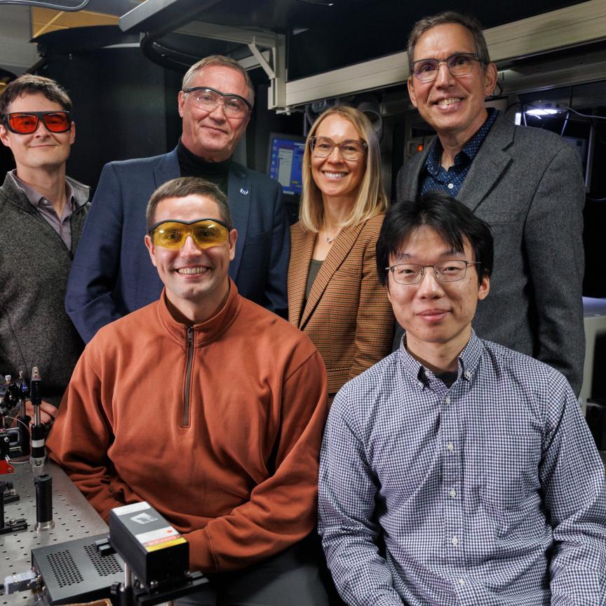 Colton Fruhling, post-doctoral researcher; Shalaev; Boltasseva, the Ron and Dotty Garvin Tonjes Distinguished Professor in Electrical and Computer Engineering; Alexander Kildishev, professor; Chen and Sychev