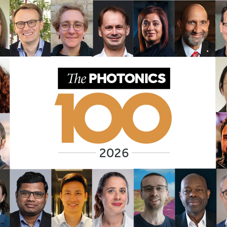 Montage of faces from the Photonicd 100 2026, surrounding the Photonics100 2026 logo in black and orange