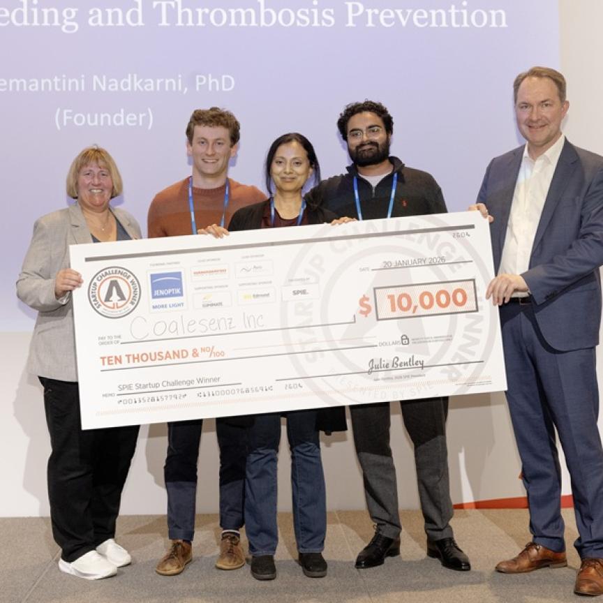 SPIE President Julie Bentley, the Coalesenz team and Ralf Kuschnereit at SPIE Startup Challenge 2026