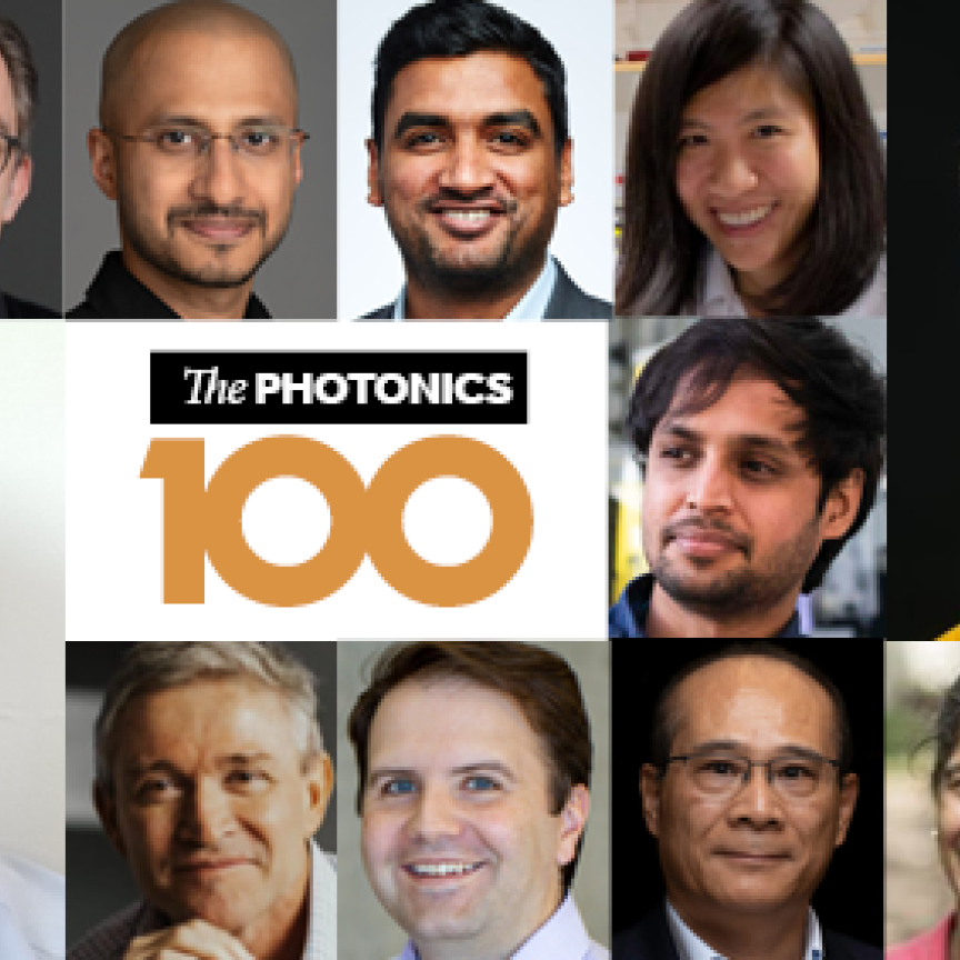 A montage of faces from The  Photonics100 next to The Photonics100 logo