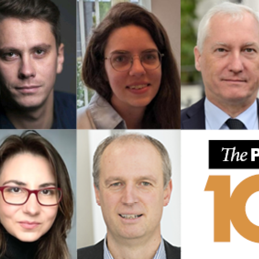 A montage of faces from The Photonics100 next to the Photonics100 logo
