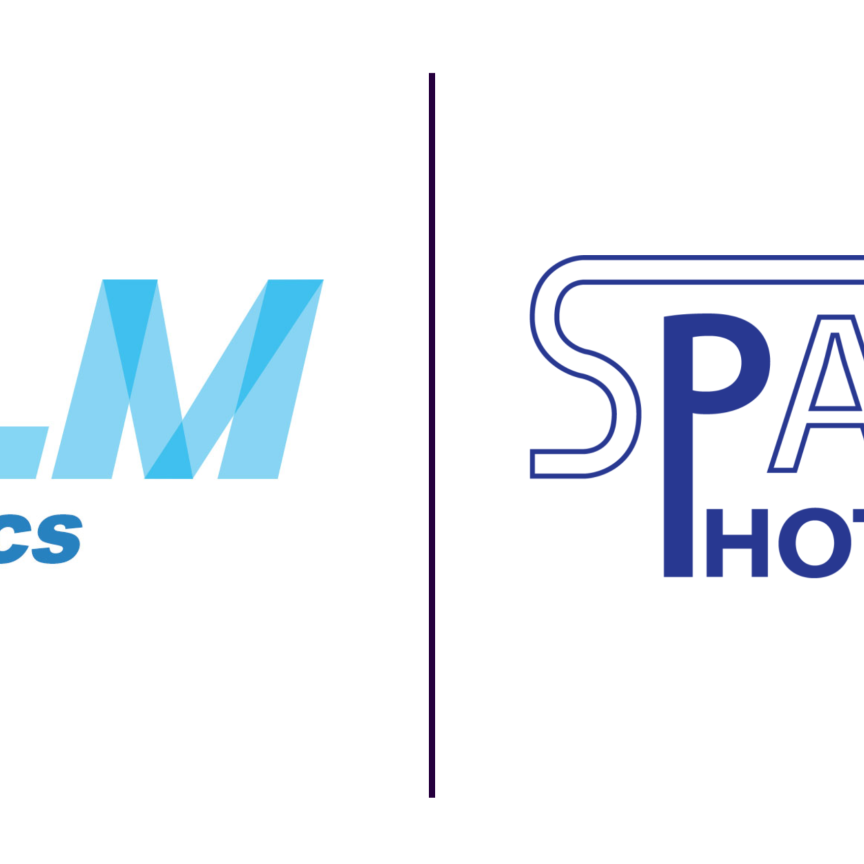 NLM Photonics logo and Spark Photonics logo on white background