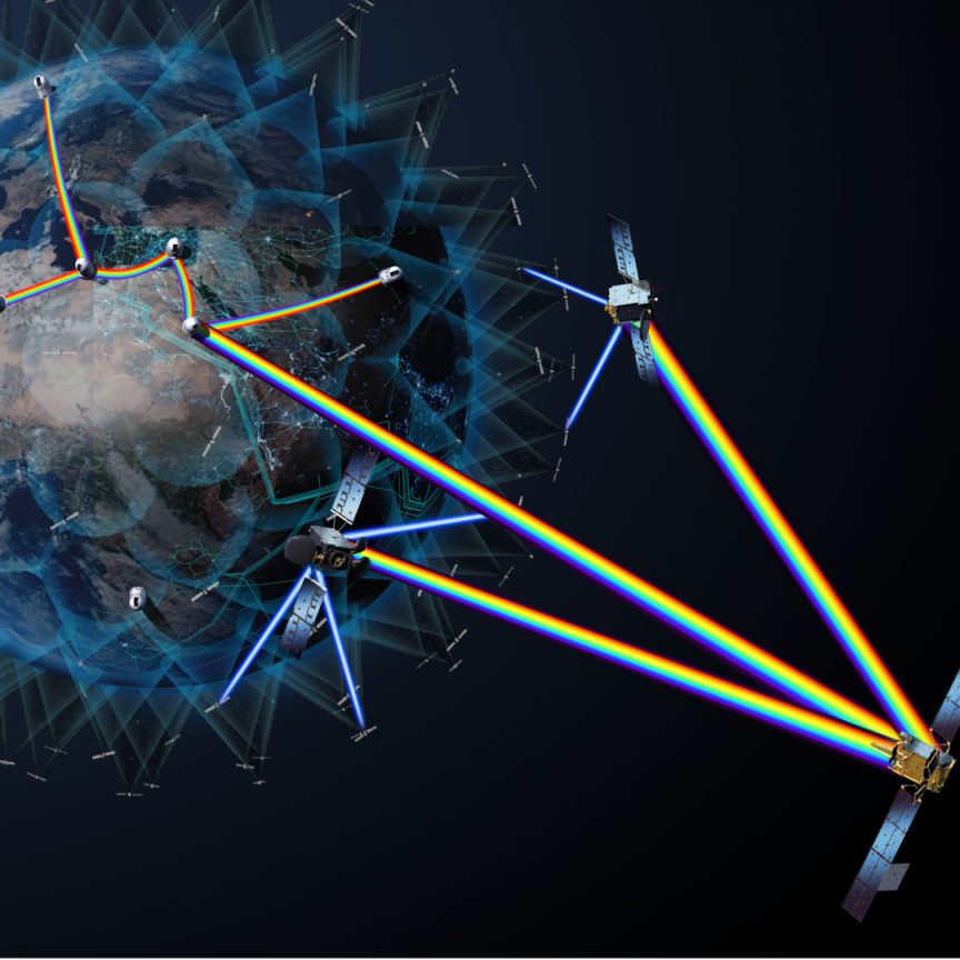Graphic representing multi-orbit satellite networks operating data transfer in Earth orbit