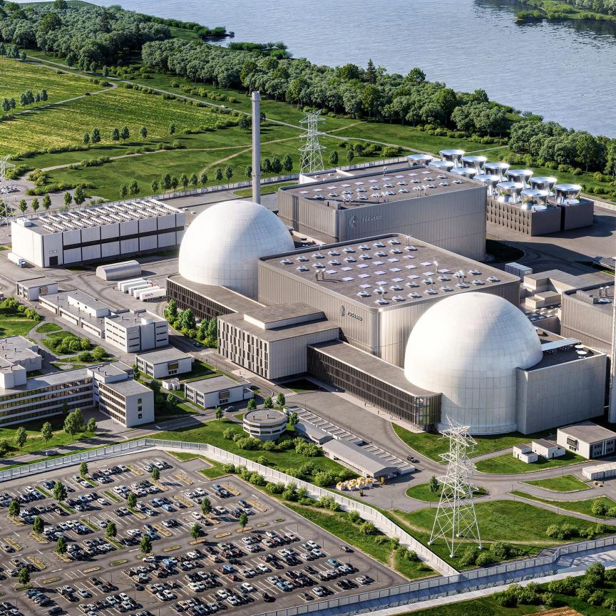 Rendering of Focused Energy laser fusion power plant in Biblis, Germany