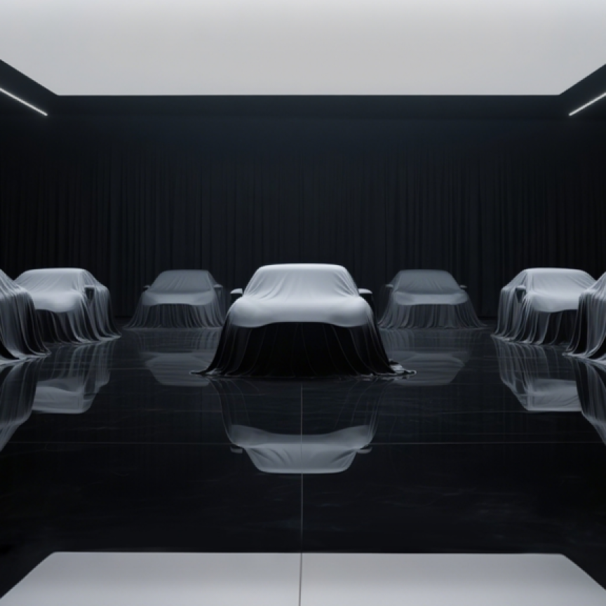 Stationary cars covered in dark sheets