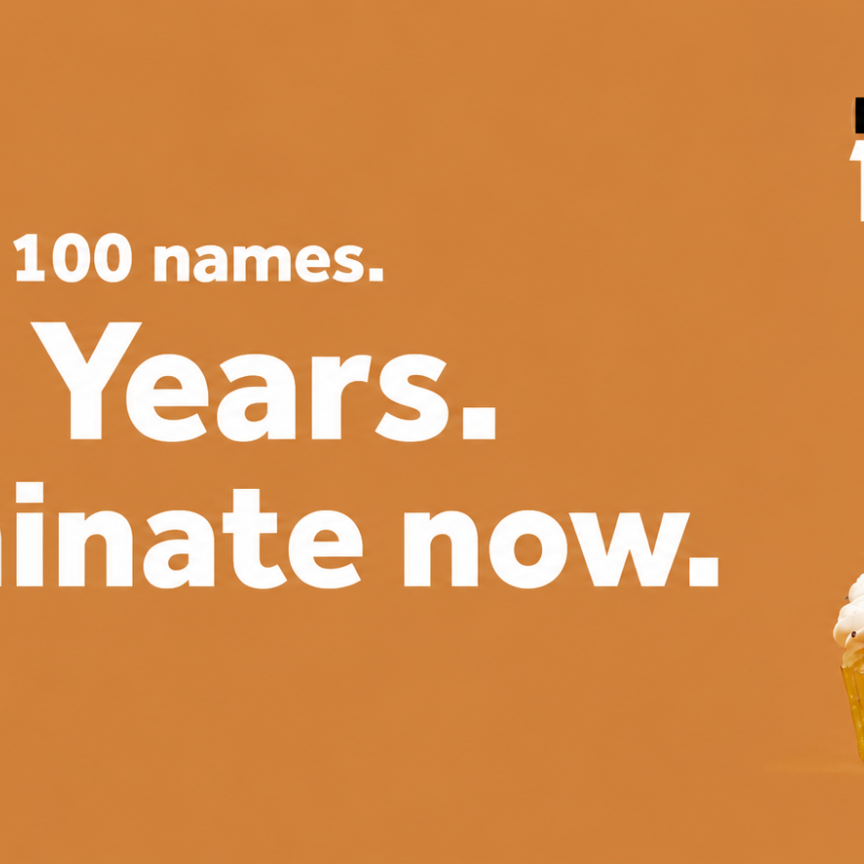 Promotional graphic for The Photonics100 featuring a cupcake topped with a lit silver number 5 candle against a warm orange background. Large white text reads: "100 names. 5 Years. Nominate now." The Photonics100 logo appears above the candle. The image celebrates the fifth anniversary of The Photonics100 and encourages nominations.