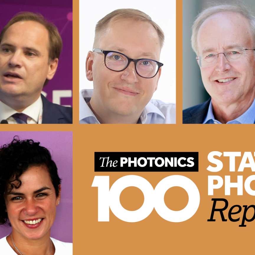 A montage of men and women's faces over the logo for the Photonics100 State of Photonics Report 2026