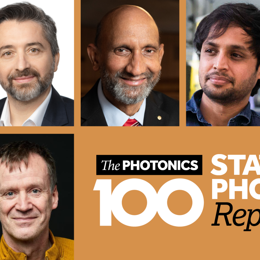 A montage of men's faces over the logo of The Photonics100 State of Photonics Report